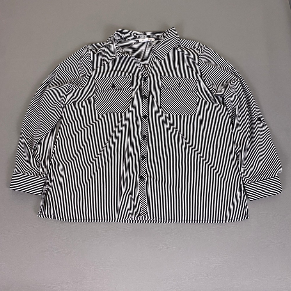 Studio Works Button Down Shirt Women's XL Black White Striped Roll Tab Sleeve **